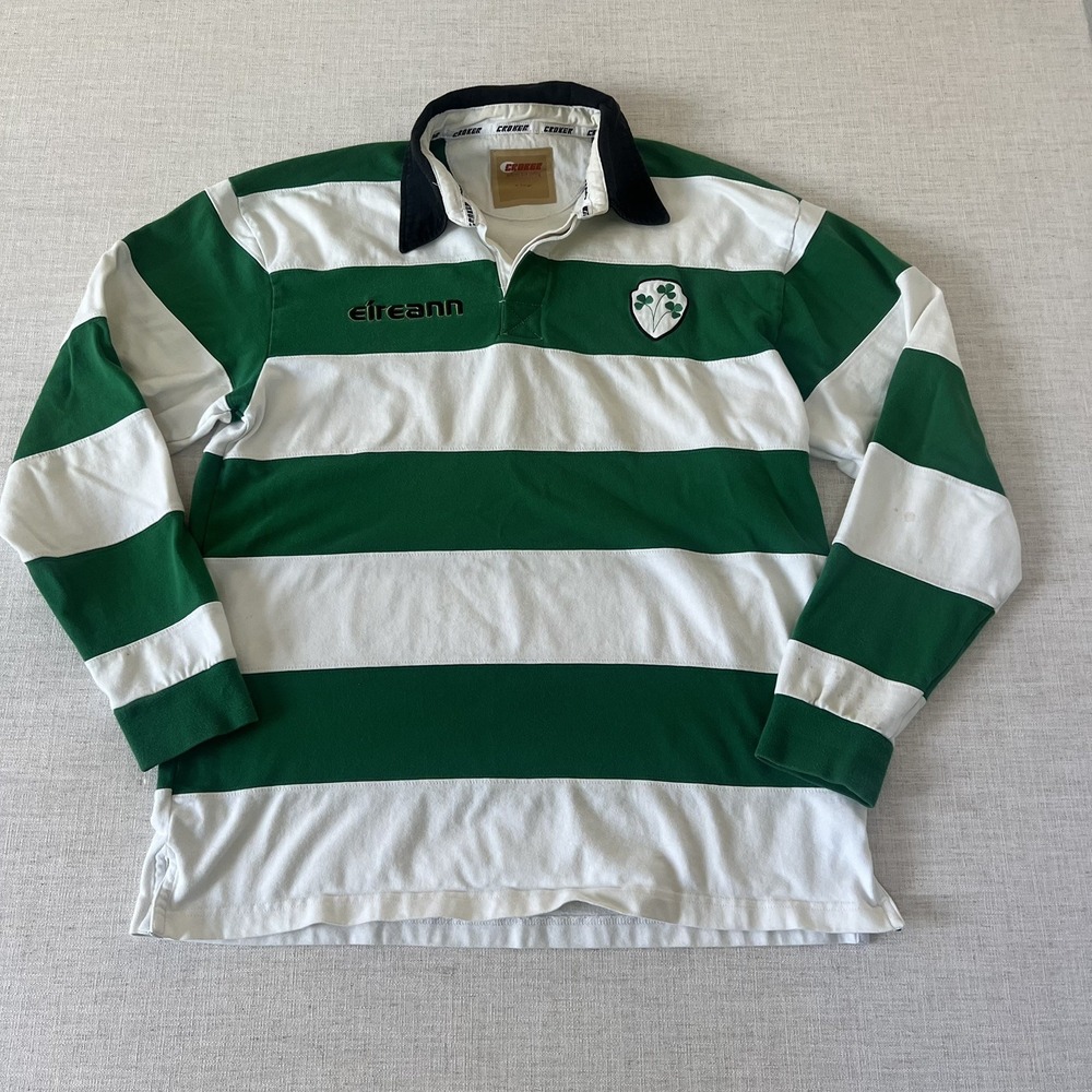Croker Ireland Rugby Shirt Mens XL Green White Striped Long Sleeve Irish Polo